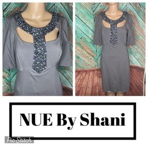NUE By Shani Grey Beaded MIDI Evening Dress